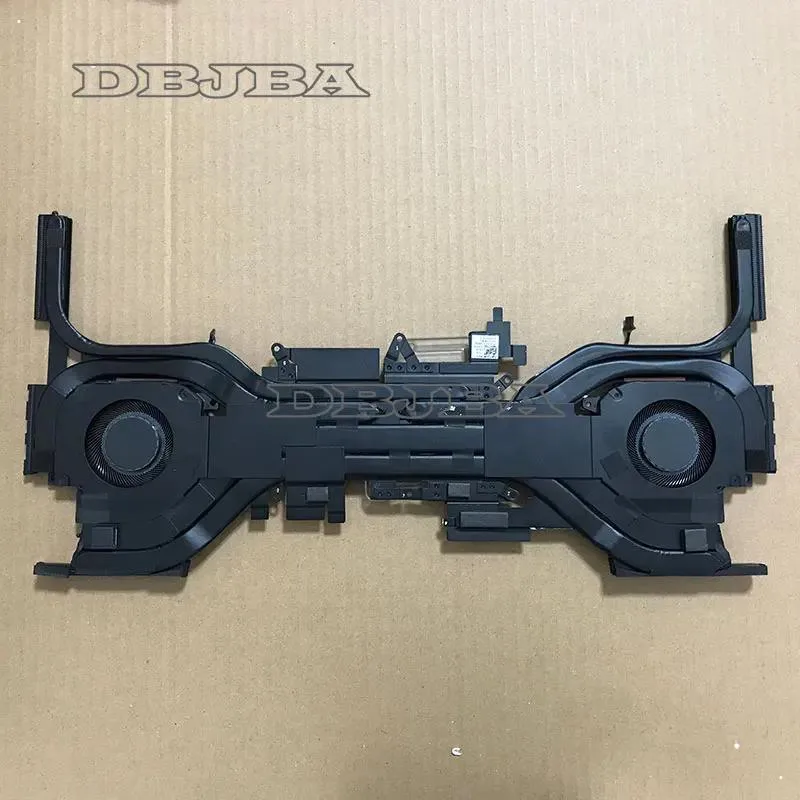 A black laptop cooling fan with heatsink fins and a wire connector