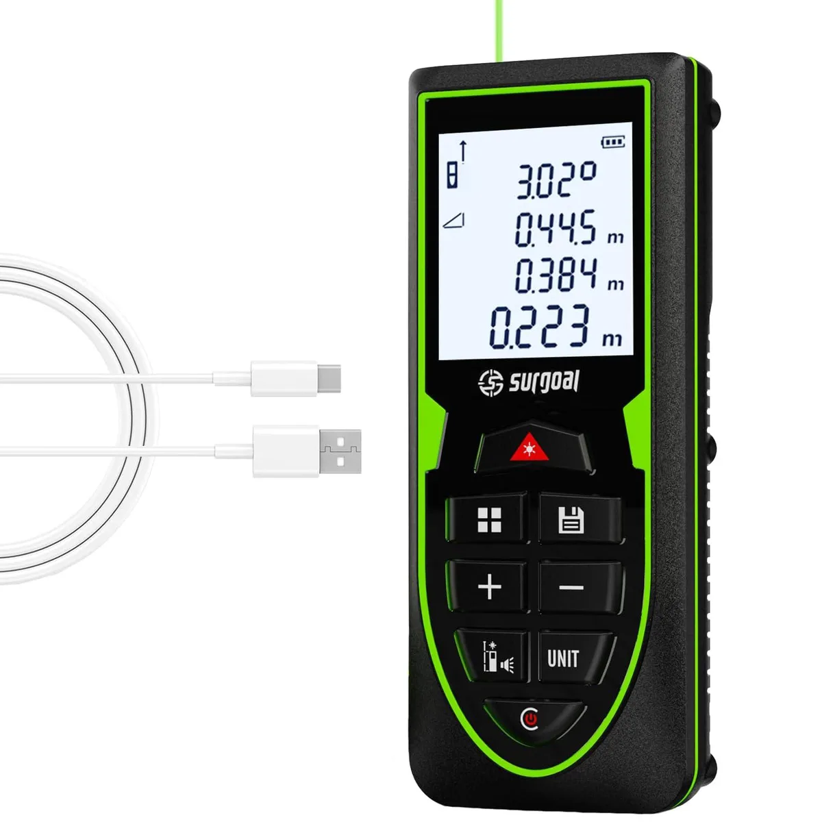  Green Laser Distance Meter 196ft USB Rechargeable with Angle Sensor — product photo