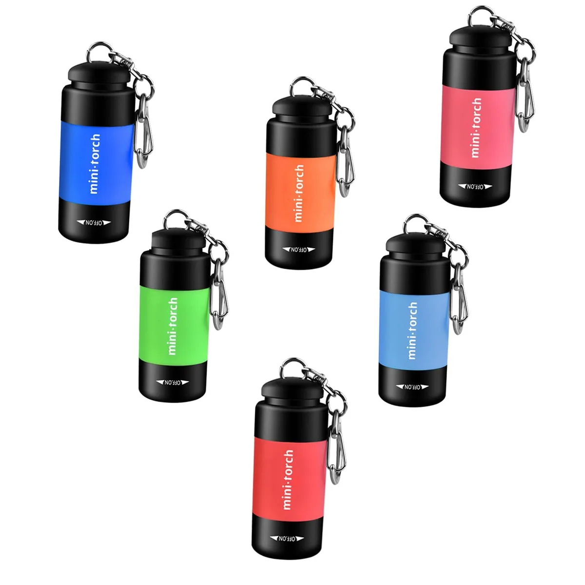 Six small green cylindrical flashlights on key rings