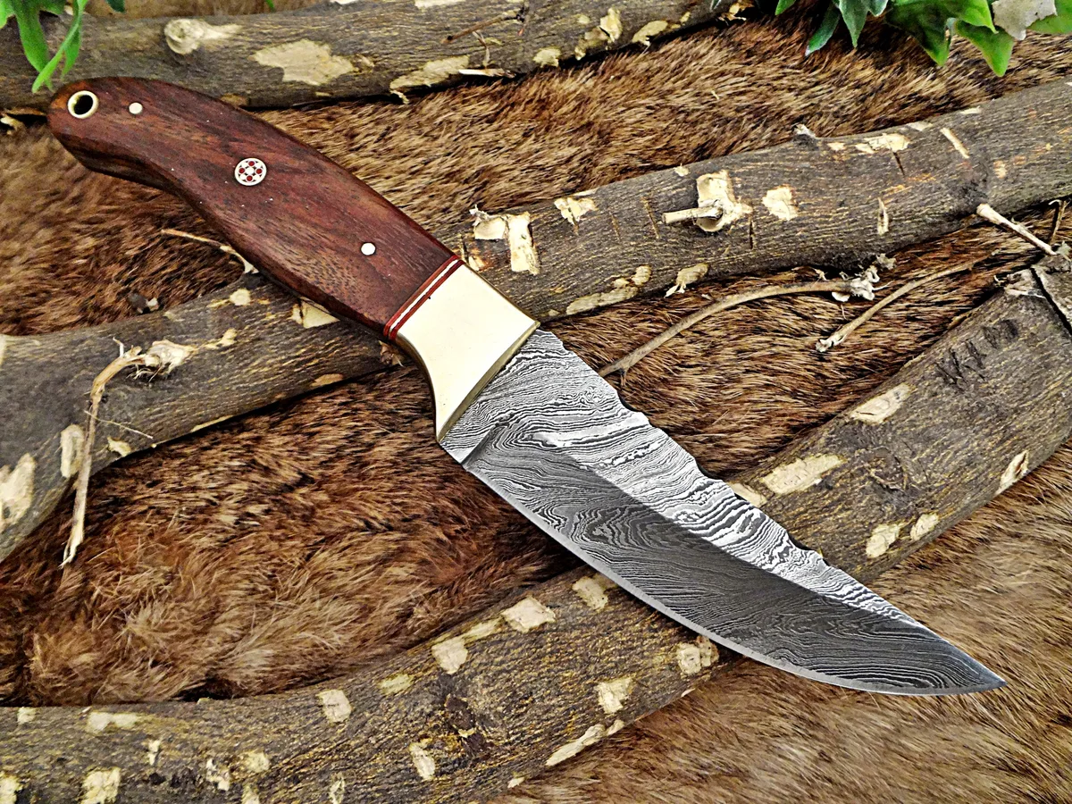 Damascus Depot Damascus Depot 9.5" Skinning Knife Rose Wood Brass Bolster — product photo