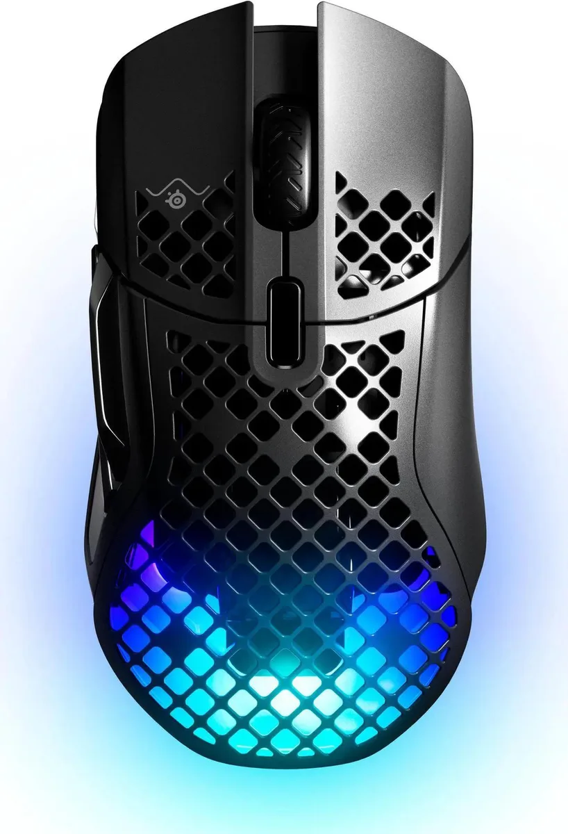 Black honeycomb-shell wireless gaming mouse with RGB lighting, detachable USB-C cable, and side-button cluster