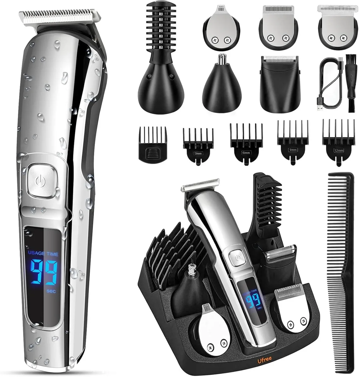 A silver waterproof grooming shaver with six interchangeable heads and five guide combs attached