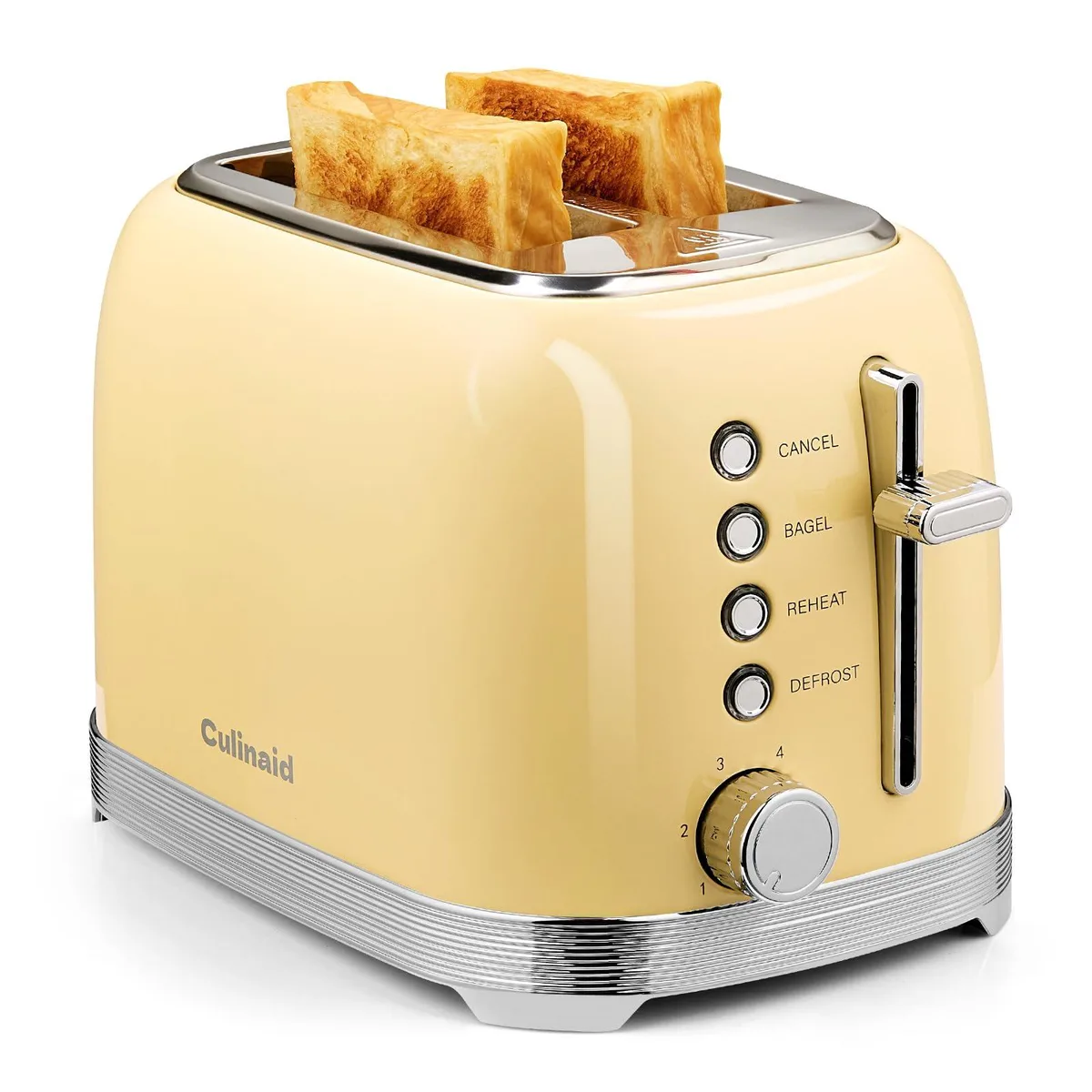 Yellow retro two-slice toaster with 1.5in wide slots and stainless steel finish