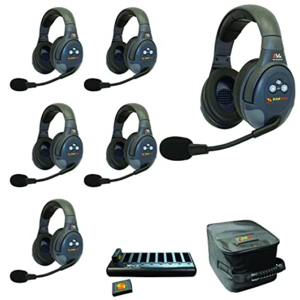 Six dual-ear wireless headsets with adjustable boom mics and multi-bay charger in soft case