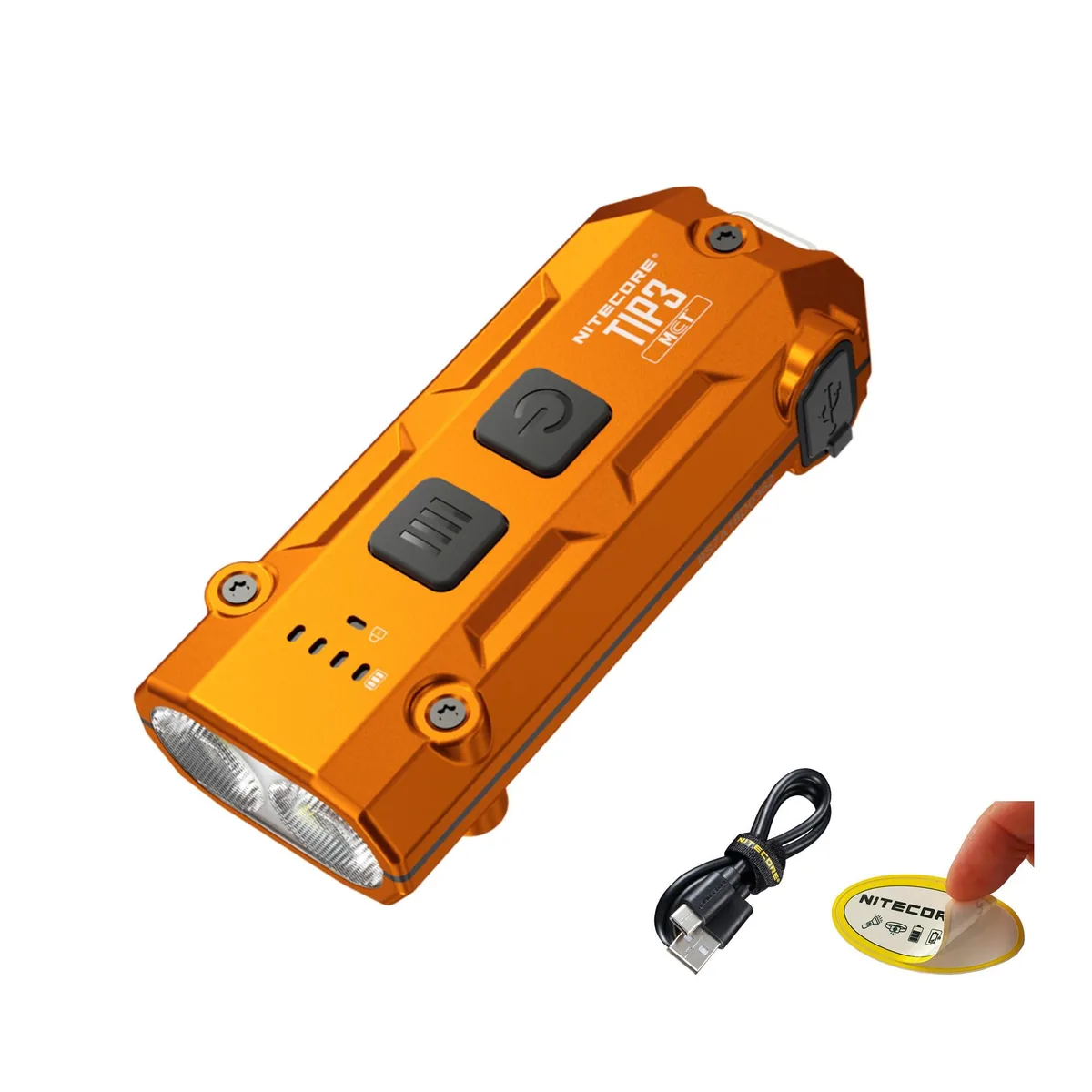 Small orange rectangular flashlight with pocket clip, keychain hole and USB-C port
