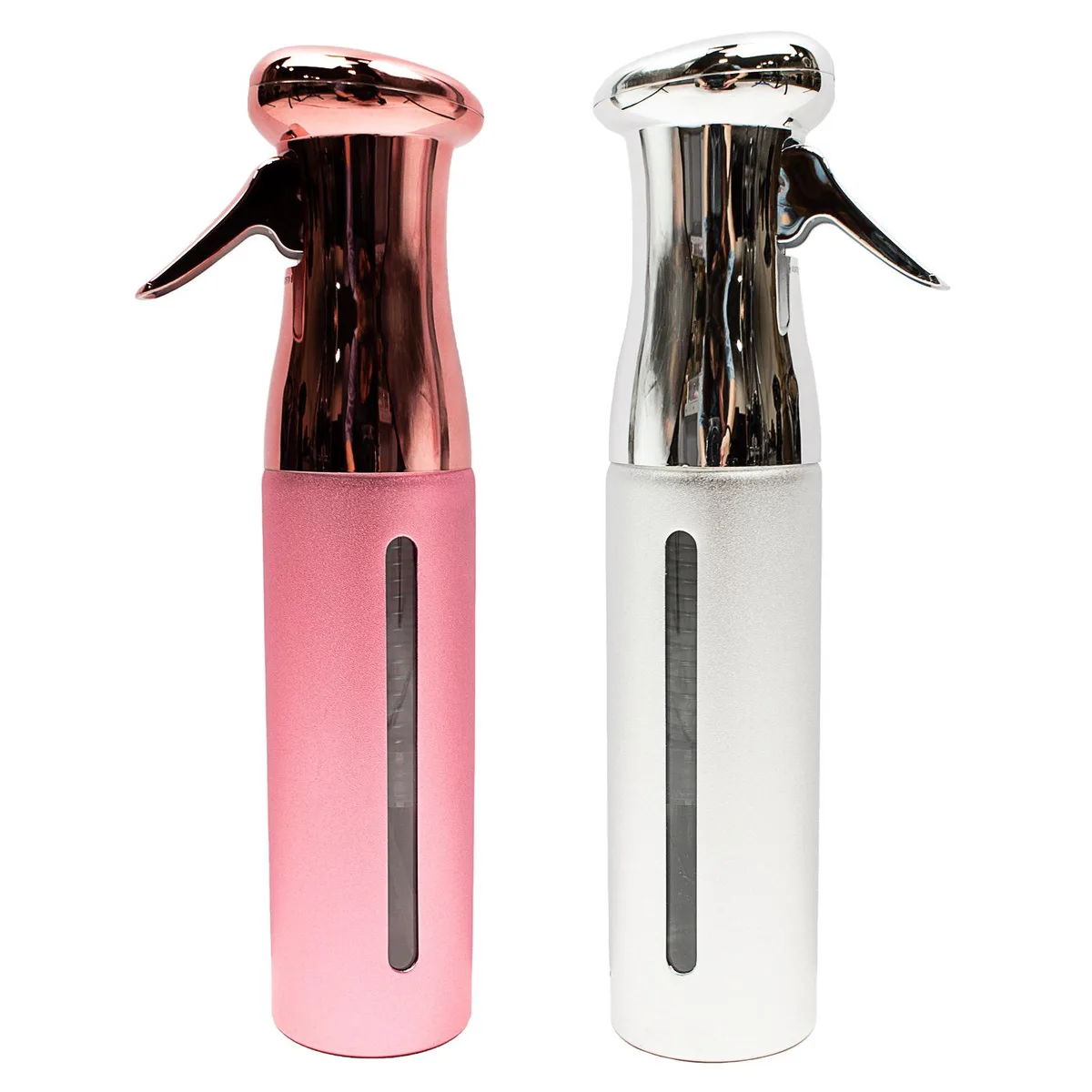 Two 10 oz pink and silver continuous spray bottles with clear bottoms and black triggers