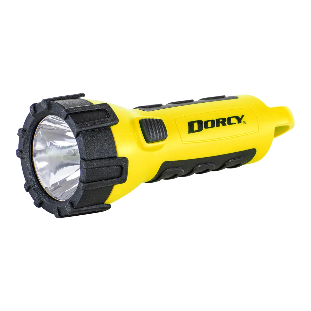 Yellow floating water-resistant flashlight with carabiner clip and rubber grip