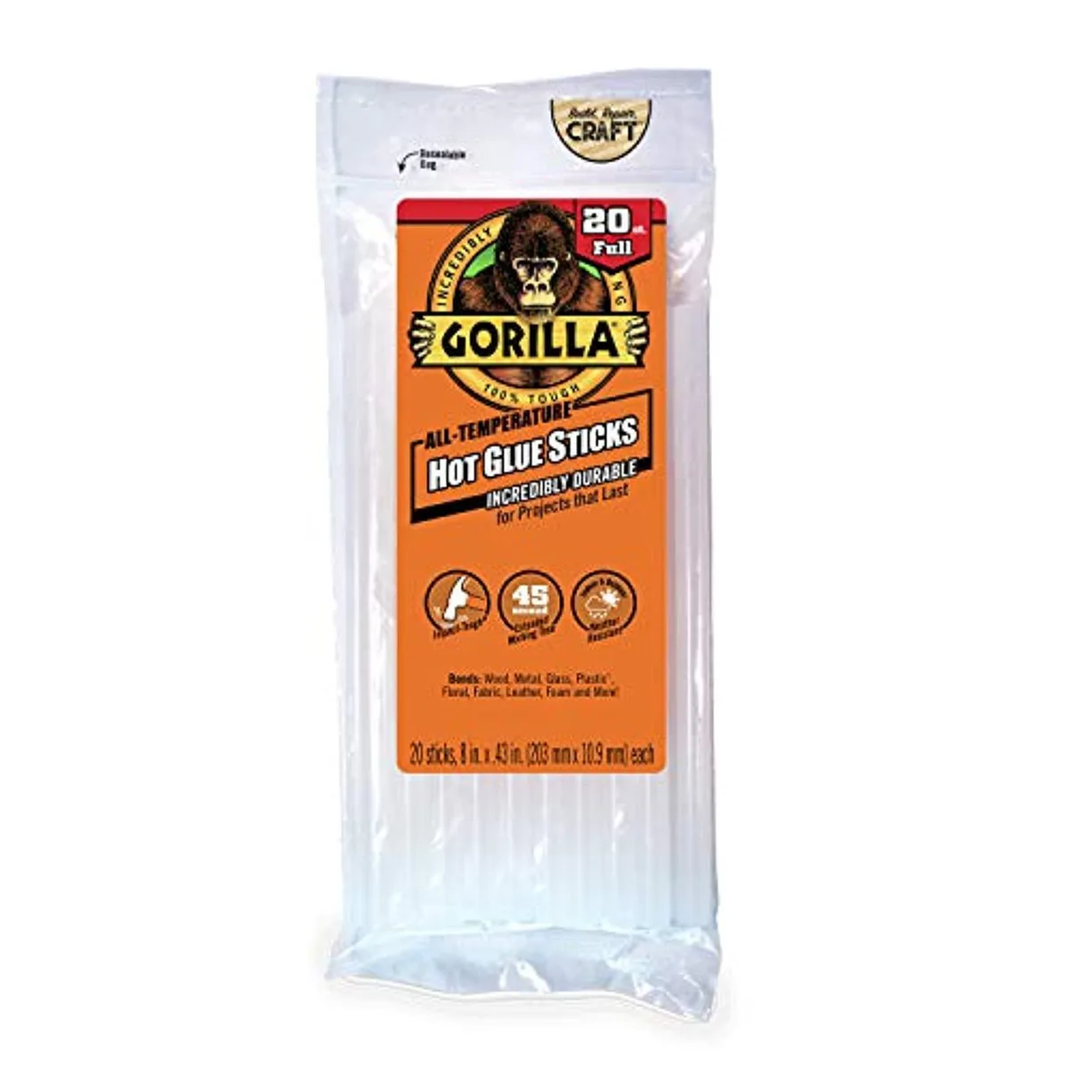 Gorilla Gorilla Hot Glue Sticks Full Size 8" 0.43" Diameter 20 Count Clear — product photo