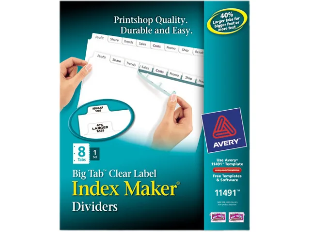 White tab dividers with clear label strips in binder format