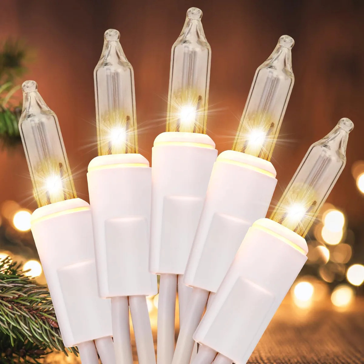 White wire string of 100 warm white LED mini lights, 21 ft total length