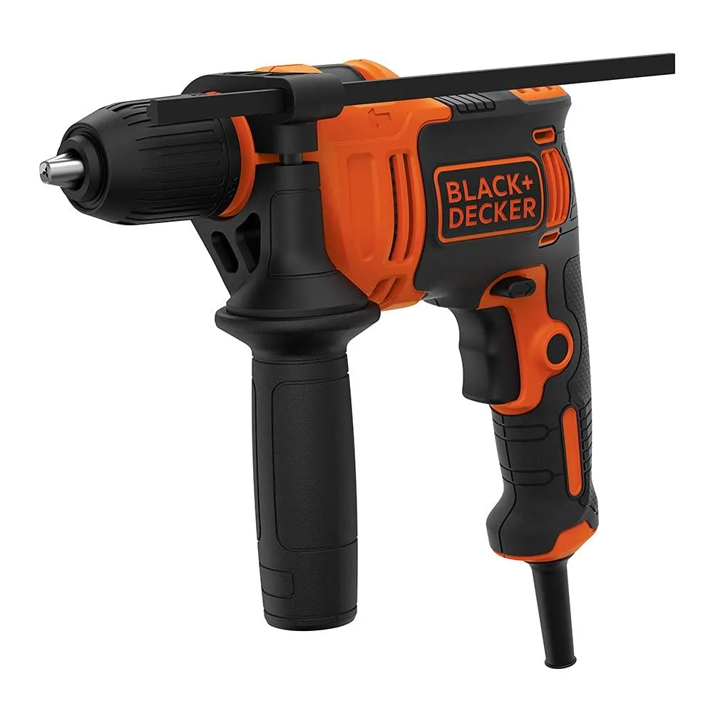 Black+Decker BEHD201 orange hammer drill with side handle and keyless chuck