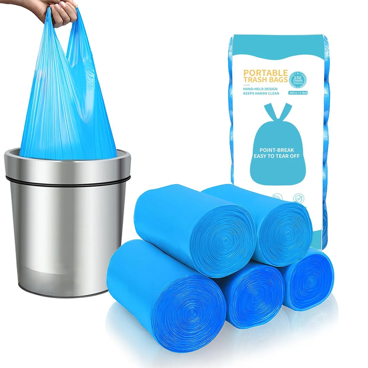White drawstring trash bags on rolls, 4 gallon size, three pack