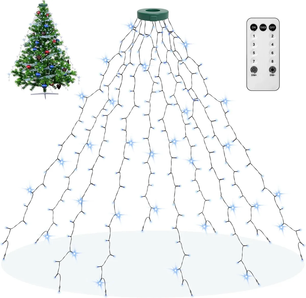 Ten cold-white LED strings each 1.5 m long with remote and timer