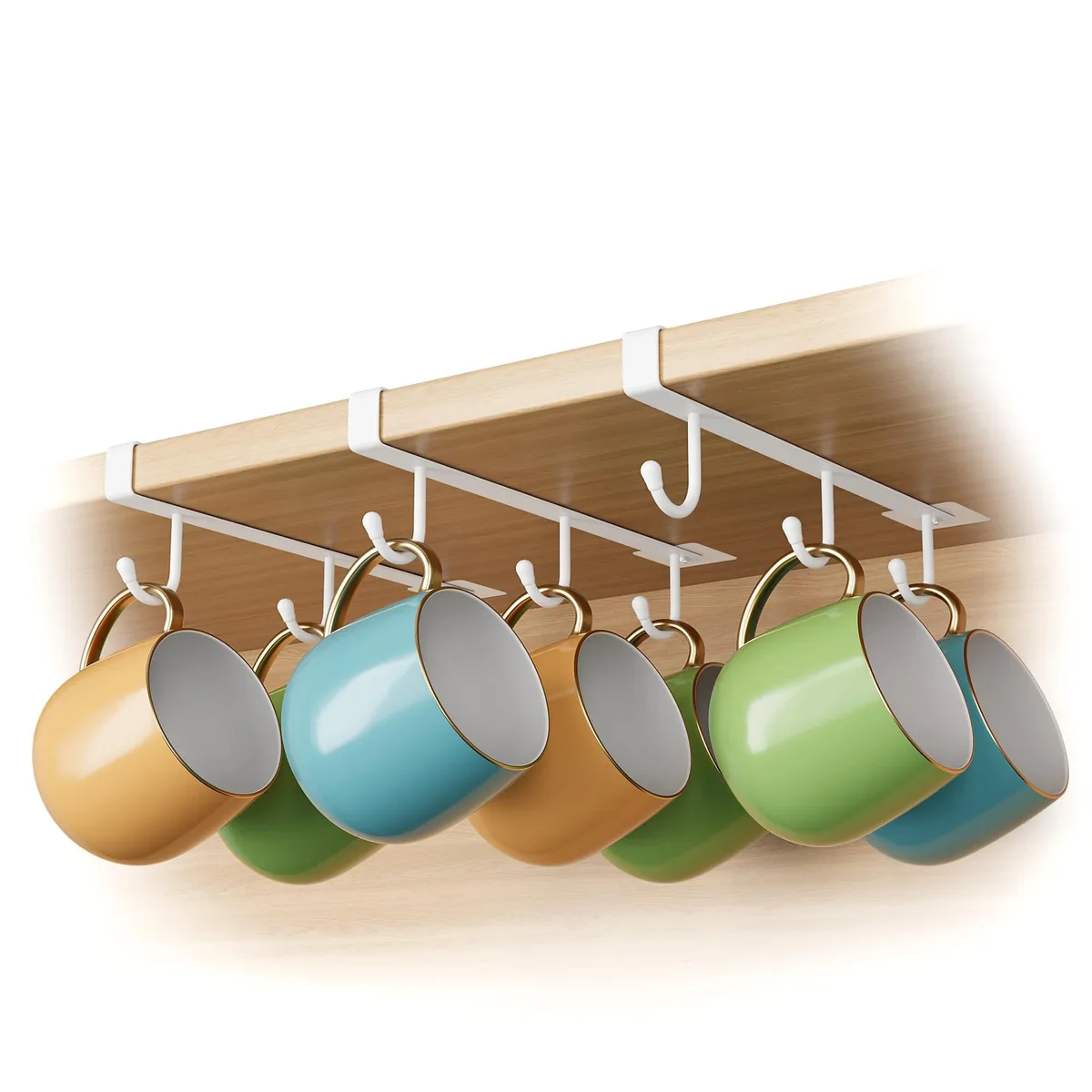 Three white iron mug holders clipped under a shelf