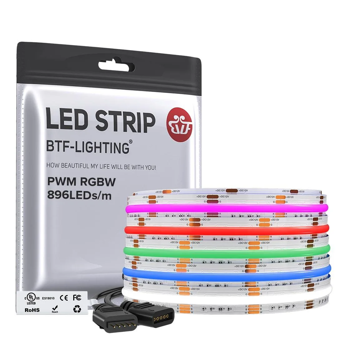  BTF-LIGHTING FCOB-12V-896L-W-IP30 RGBW LED Strip 16.4ft 896LED/m 12mm 6500K IP30 — product photo
