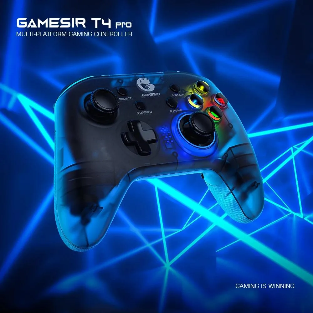 Black wireless gamepad with dual thumbsticks and face buttons