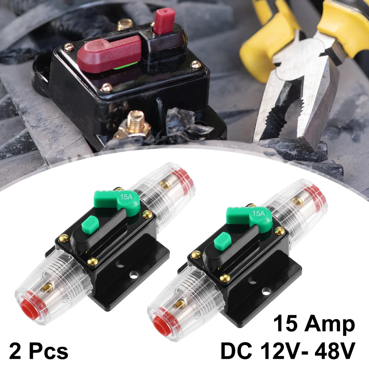 Unique-Bargains Unique-Bargains 2 Pcs DC 12V-48V 15Amp Car Circuit Breaker Black Green — product photo