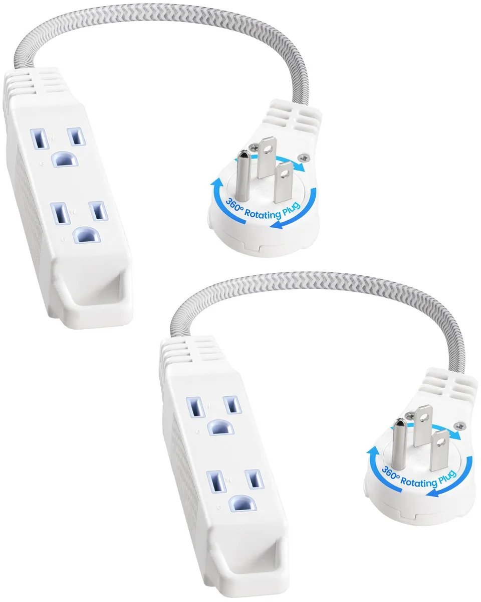  SURAIELEC 1FT power extension cord 3-outlet rotating flat plug white braided 2-pack — product photo