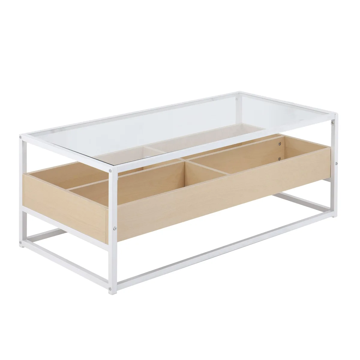 tuphen tuphen Display Coffee Table White Metal Natural Wood Clear Glass 100 lbs — product photo