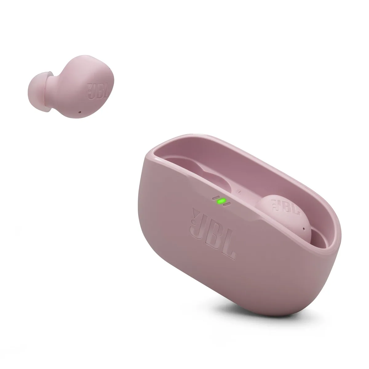 Pink true wireless earbuds in matching charging case