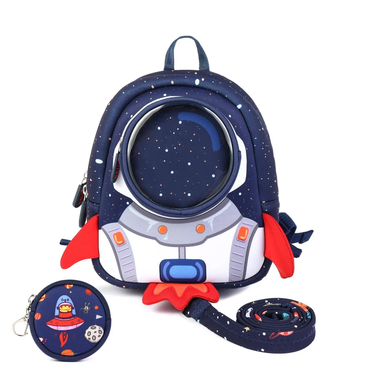Rocket-shaped toddler backpack with detachable safety harness leash