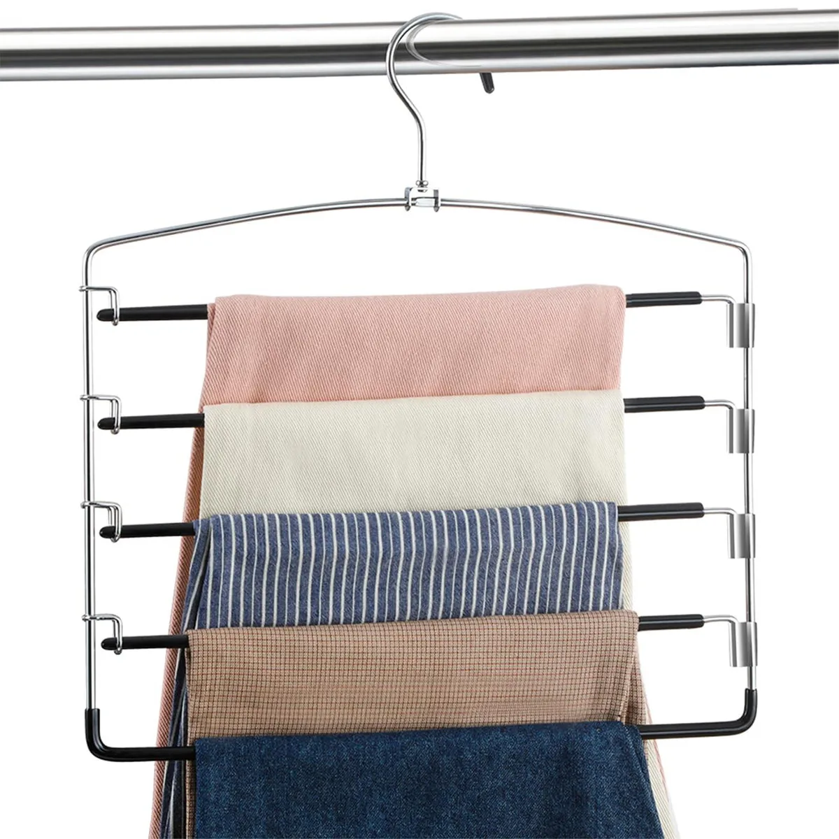 Black metal pants hanger with five swing arms and rotating hook