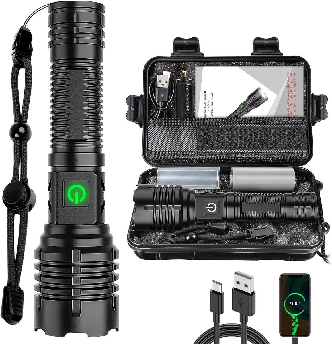 Cylindrical flashlight with textured grip, zoomable head, and Type-C port