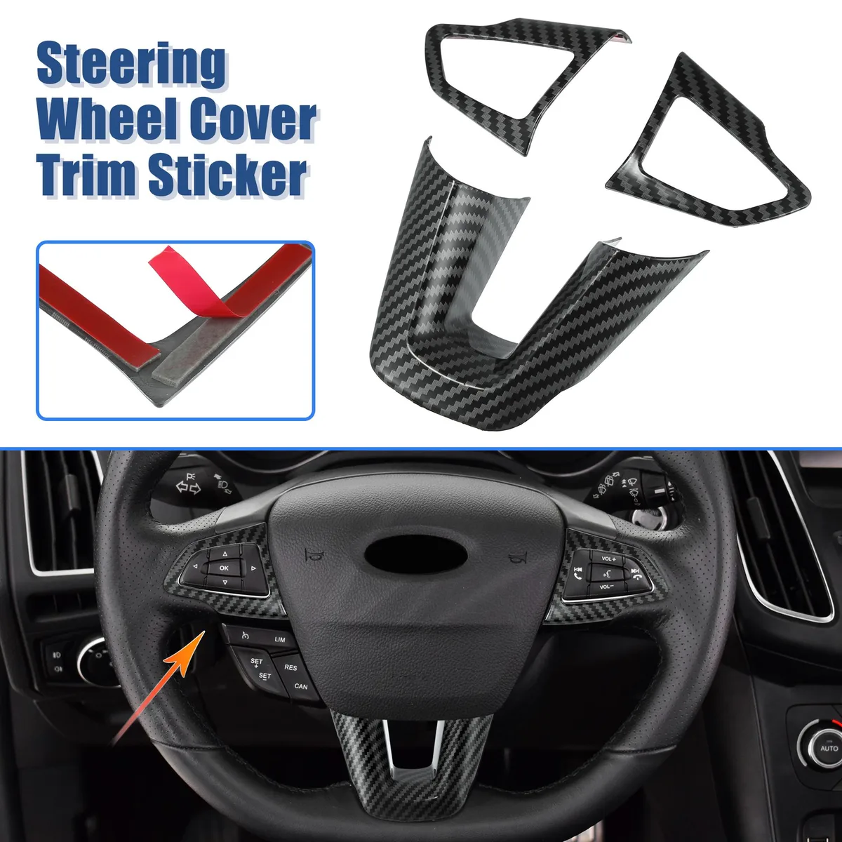 Unique-Bargains Unique-Bargains Steering Wheel Trim Set 3pcs Carbon Fiber Black Ford Focus 2015-2018 Escape Kuga 2017-2018 — product photo
