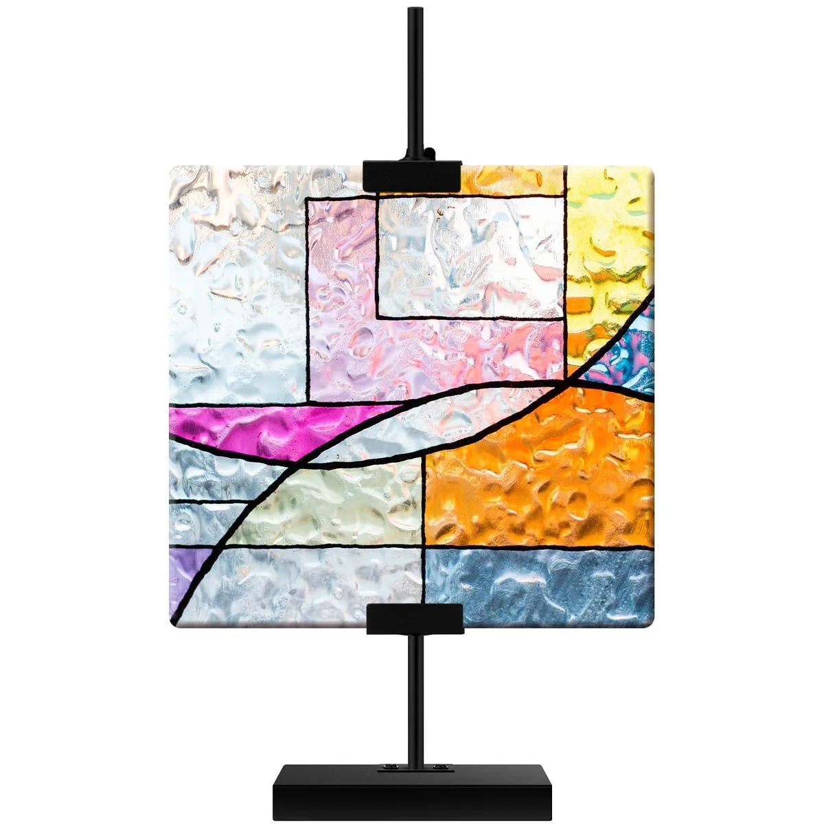 Black metal tabletop easel stand, adjustable to 16.5 inches height, compact triangular frame with screw knobs, matte finish