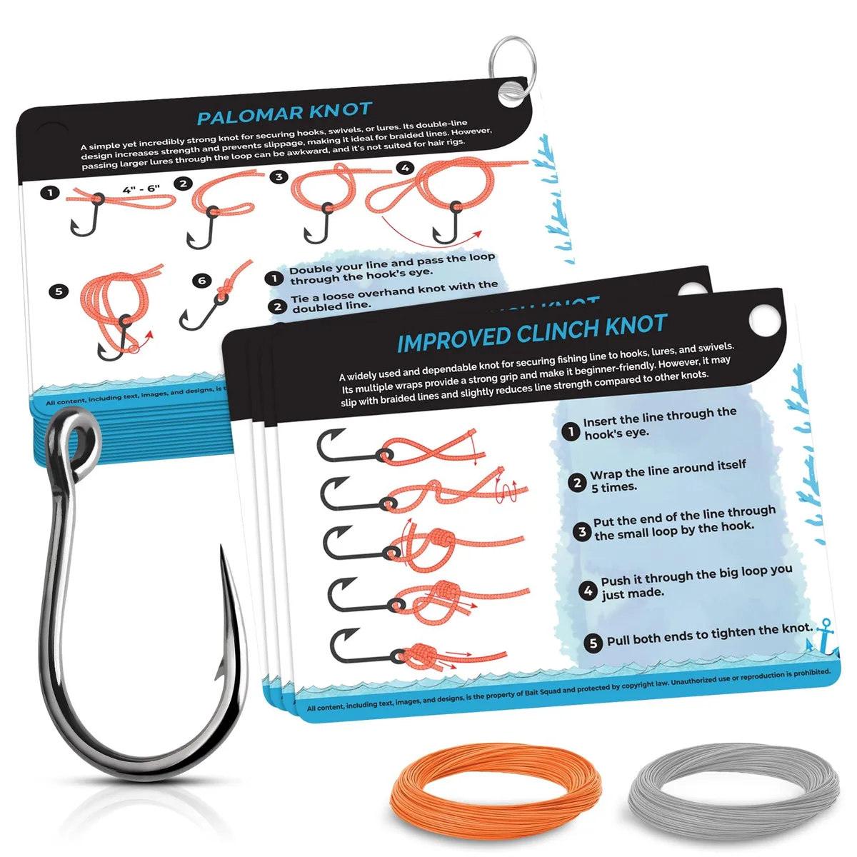  Bait Squad Fishing Knots Pocket Guide 20 Knots &amp; Rigs 2.5" x 3.5" Waterproof with Practice Hook &amp; Lines — product photo