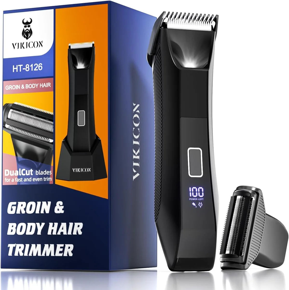 White electric body groomer with dual interchangeable heads and built-in LED light