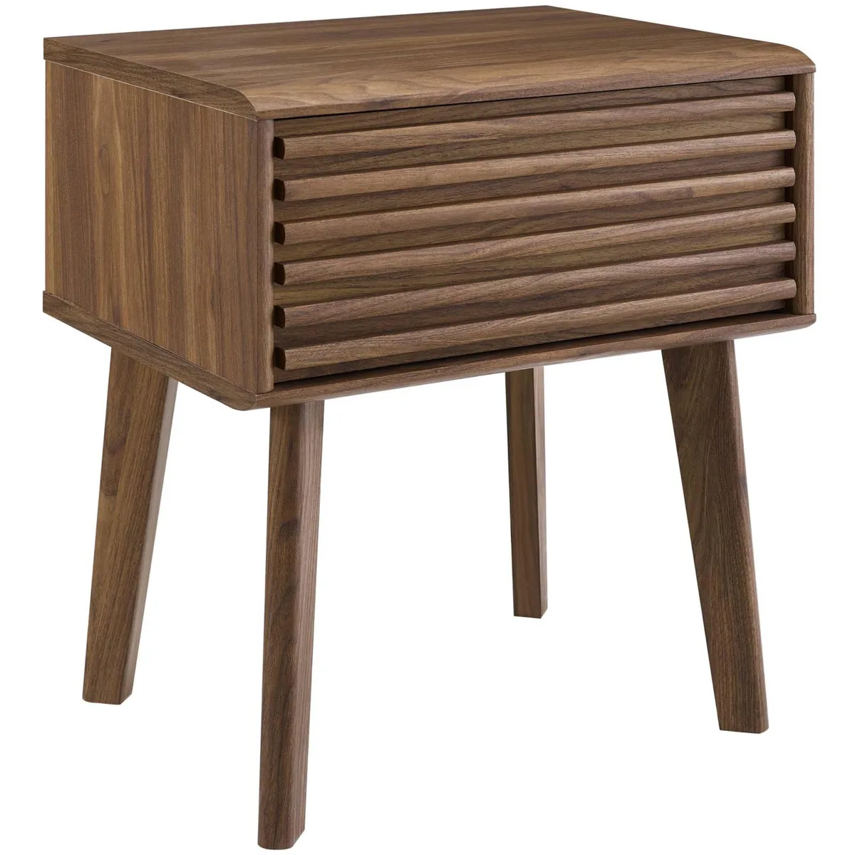Walnut laminate nightstand with tapered legs and full-extension drawer