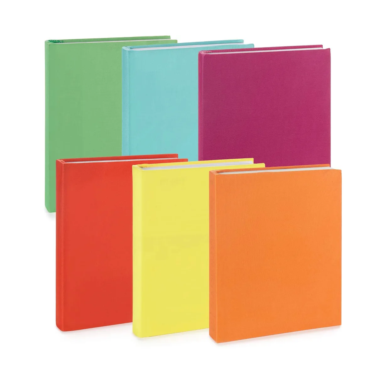 Six colourful polyester book covers, flat and stacked