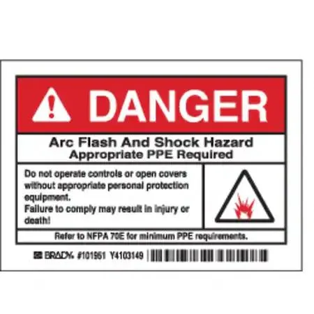 Brady 101951 arc flash label pack of five horizontal black polyester rectangles with warning text