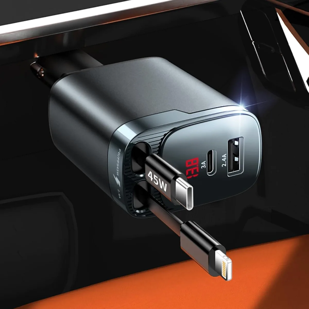 Leelbox Leelbox Retractable 4-in-1 Car Charger 84W 31.5in 180° Rotating Plug — product photo