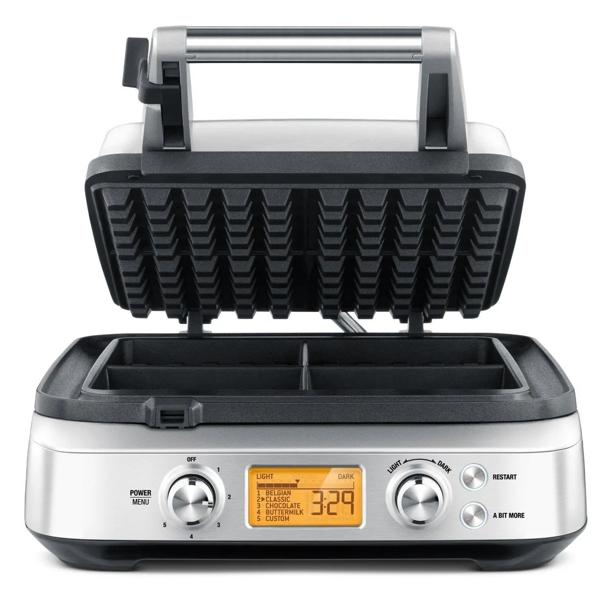 Silver stainless-steel four-slice waffle maker with die-cast plates and LCD timer
