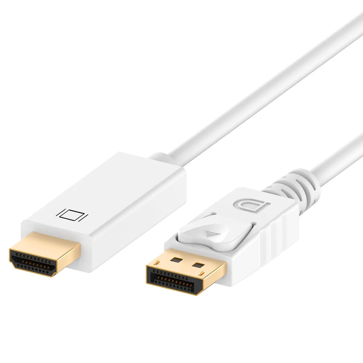 White DisplayPort to HDMI cable, six feet long, male-to-male connectors