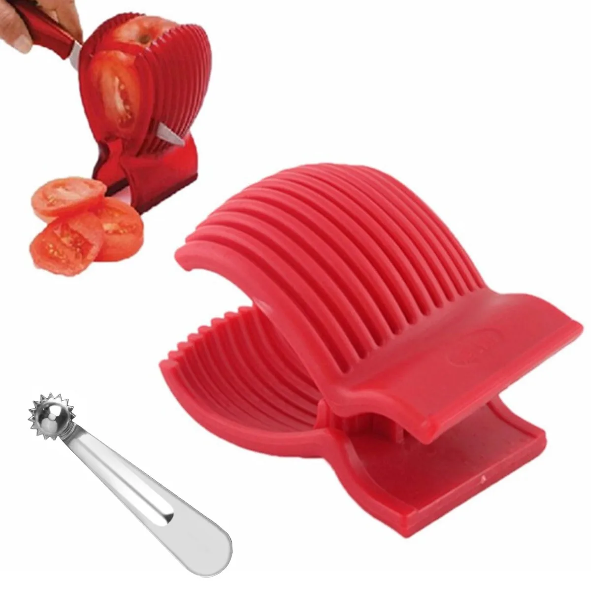White plastic tomato slicer and corer set with stainless steel blades