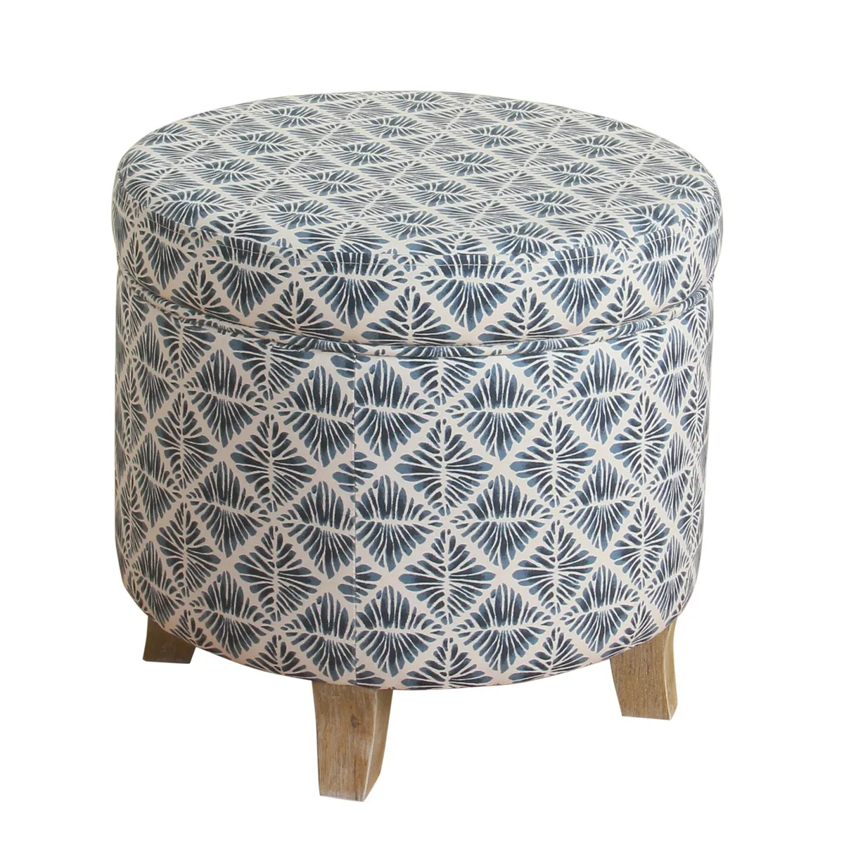 Round navy blue ottoman with geometric fabric and flared wooden legs