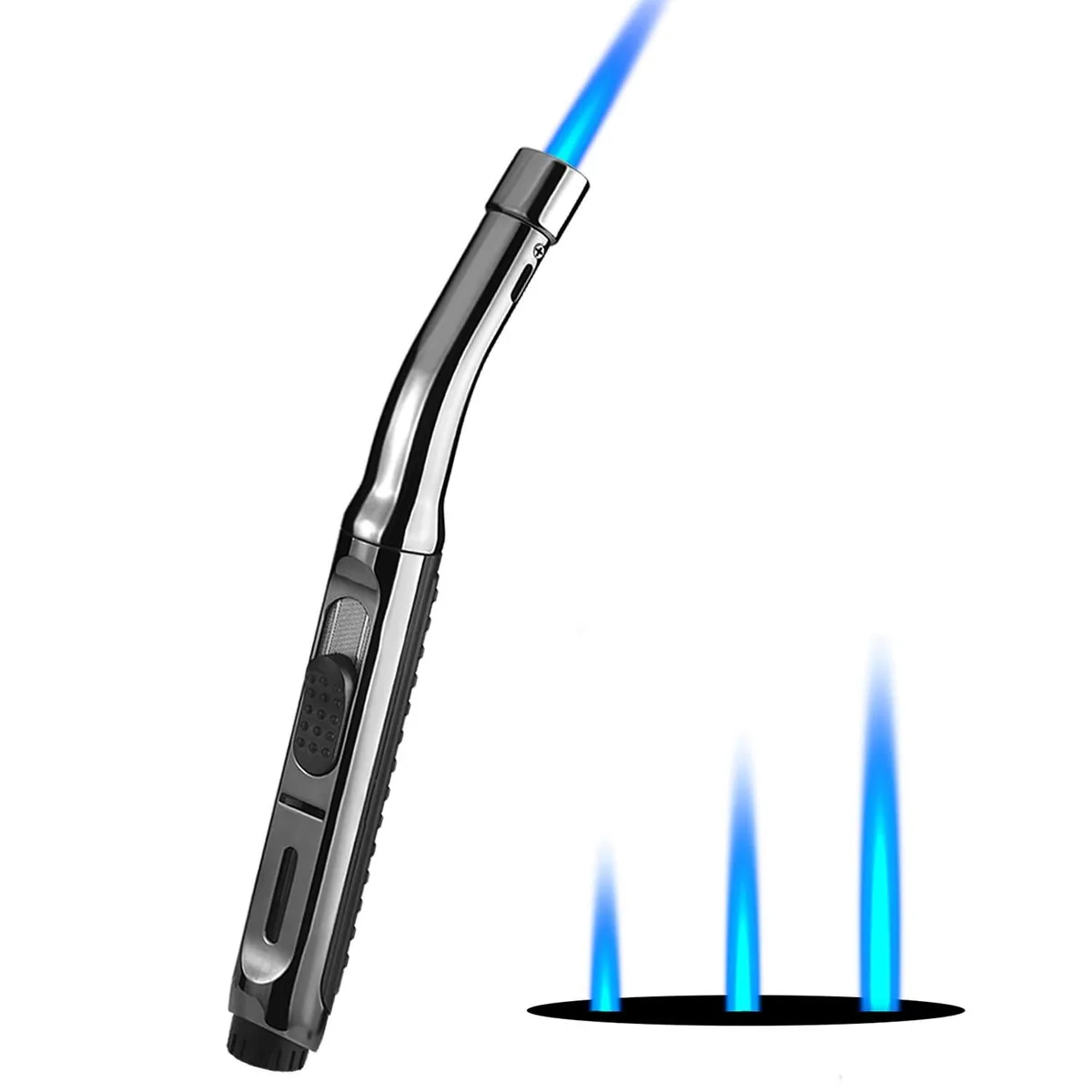 Gold torch lighter, 7.6 in long with visible fuel window and adjustable flame lock