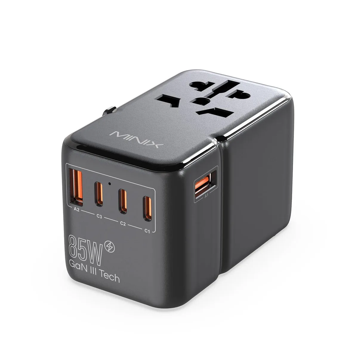 Black rectangular travel adapter with slide-out US, UK, EU and AU pins, three USB-C and two USB-A ports plus AC socket