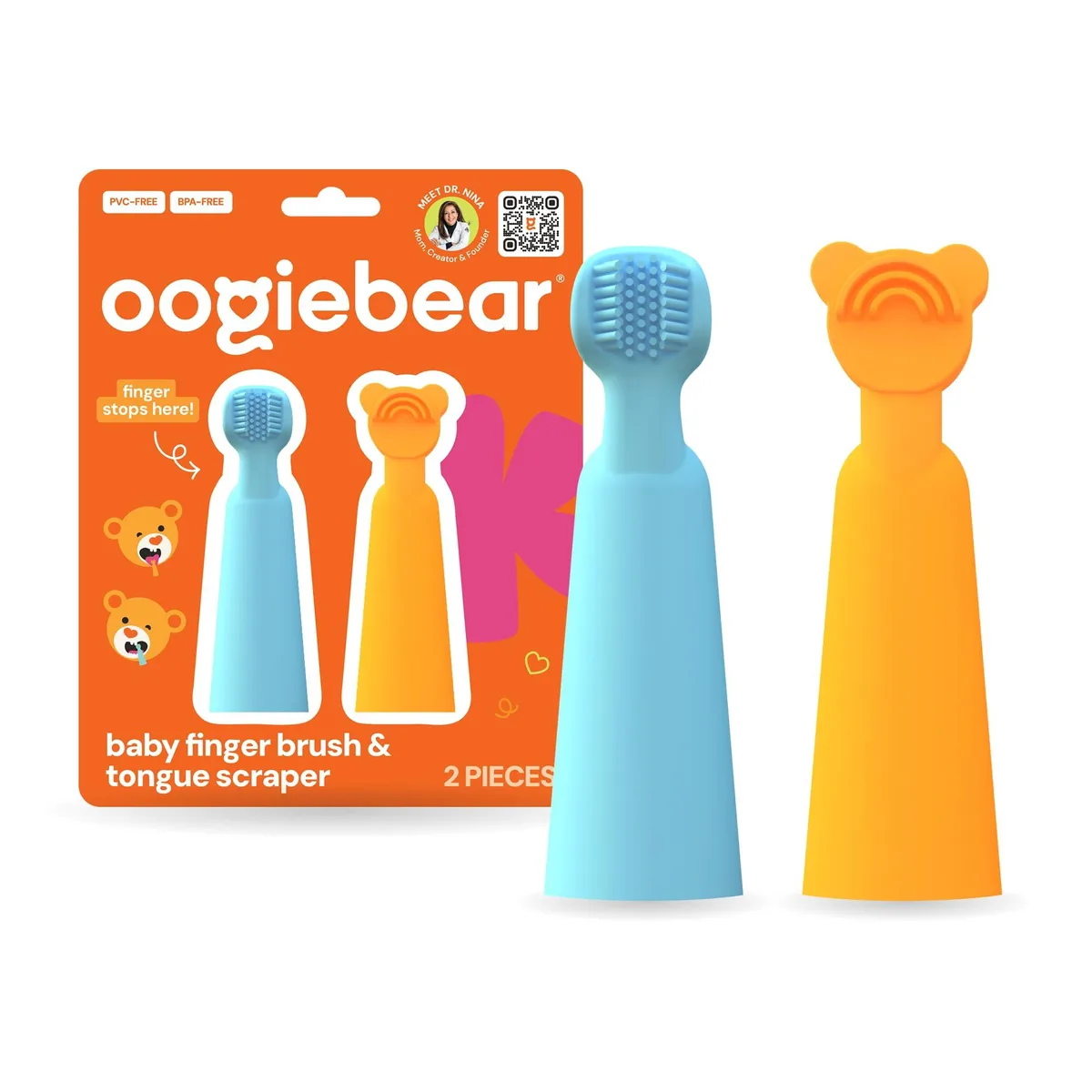 Blue silicone finger brush with bristles and tongue scraper ridges