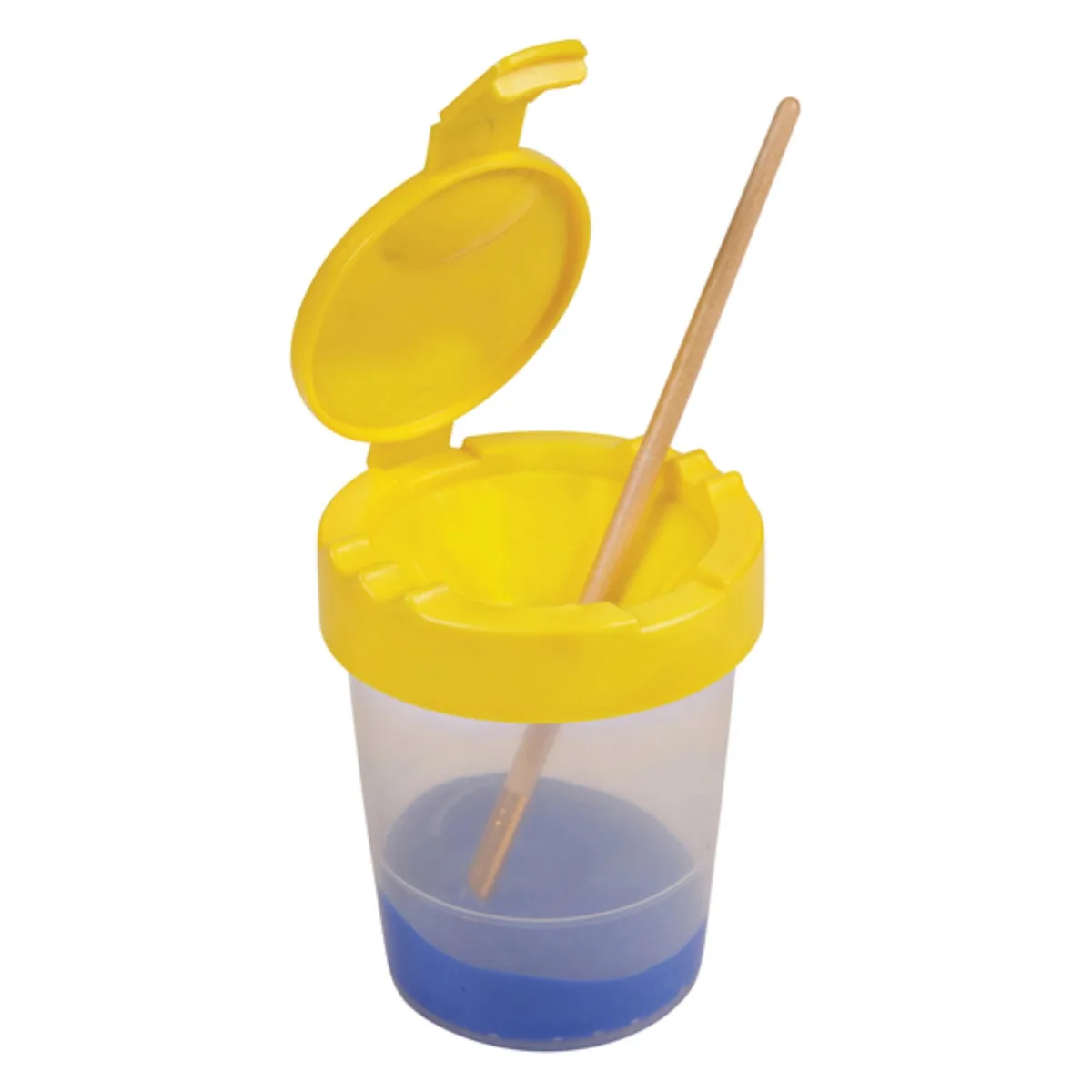 Yellow cylindrical paint cup with hinged lid and brush ridge
