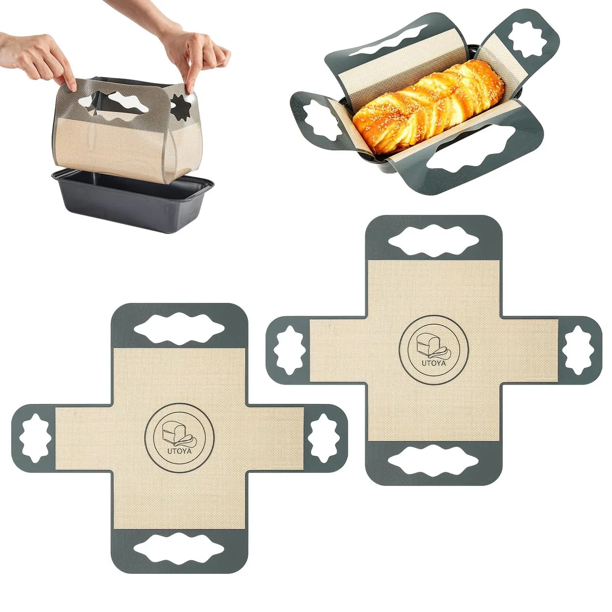 Two grey silicone loaf pan liners with four handles each