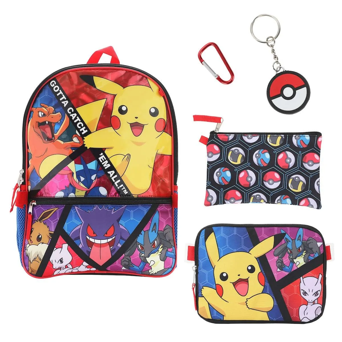 Beige polyester five-piece youth backpack set with cartoon print, 16-inch main pack, two utility cases