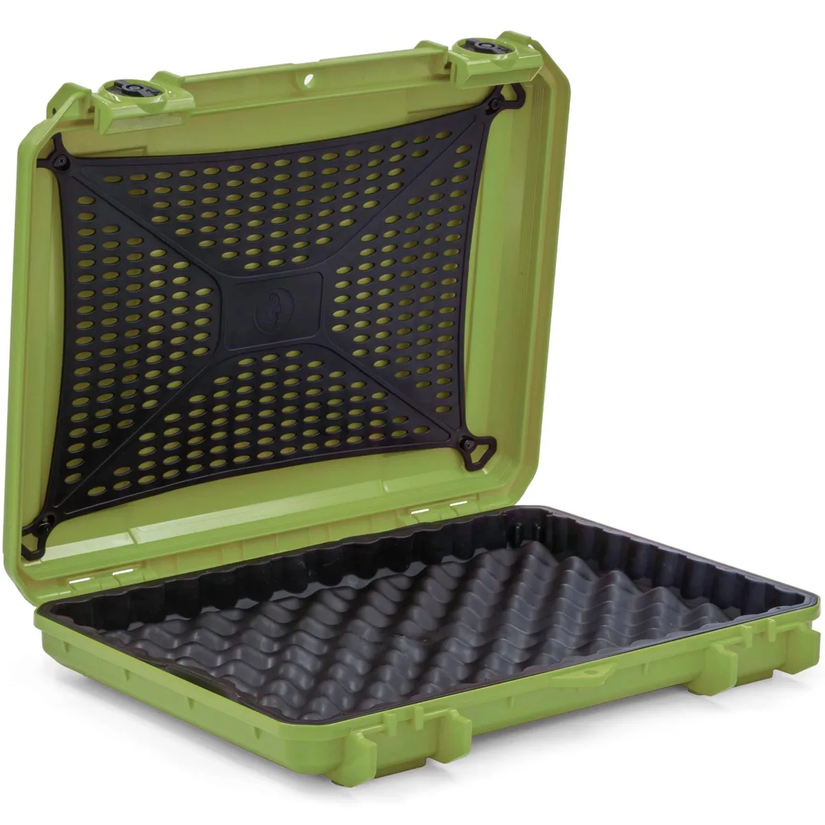 Green hard-shell laptop case with dual latches and padded interior