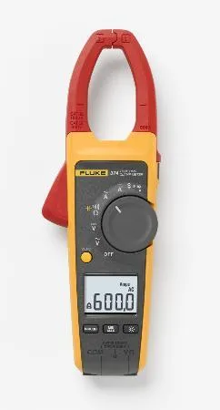 Yellow Fluke 374 clamp meter with backlit LCD and test leads