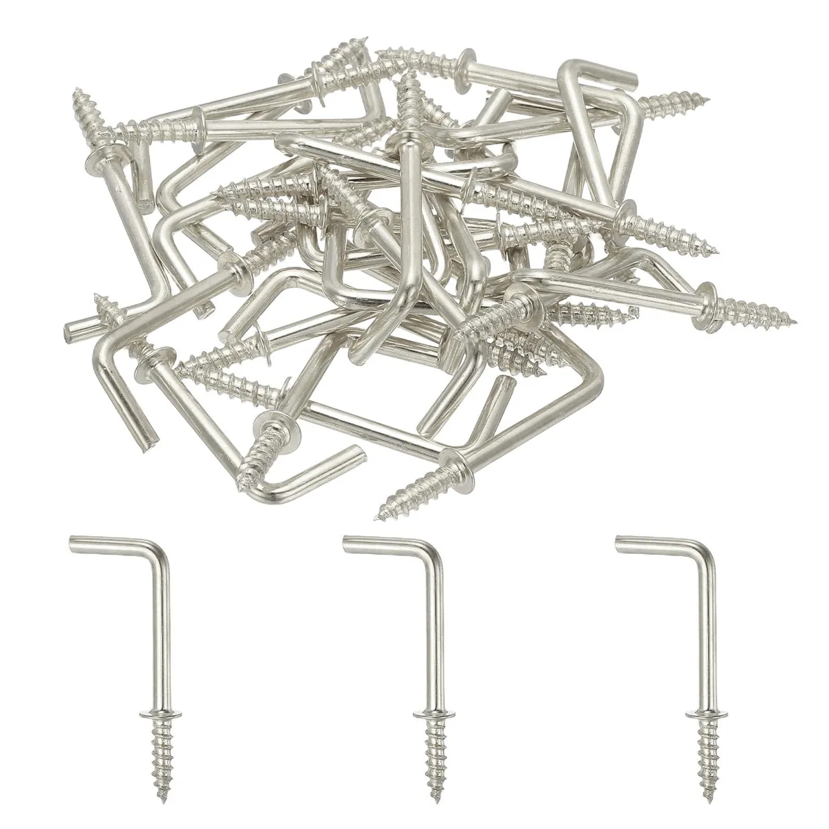 Thirty silver L-shaped screw hooks with zinc-plated finish on a light surface