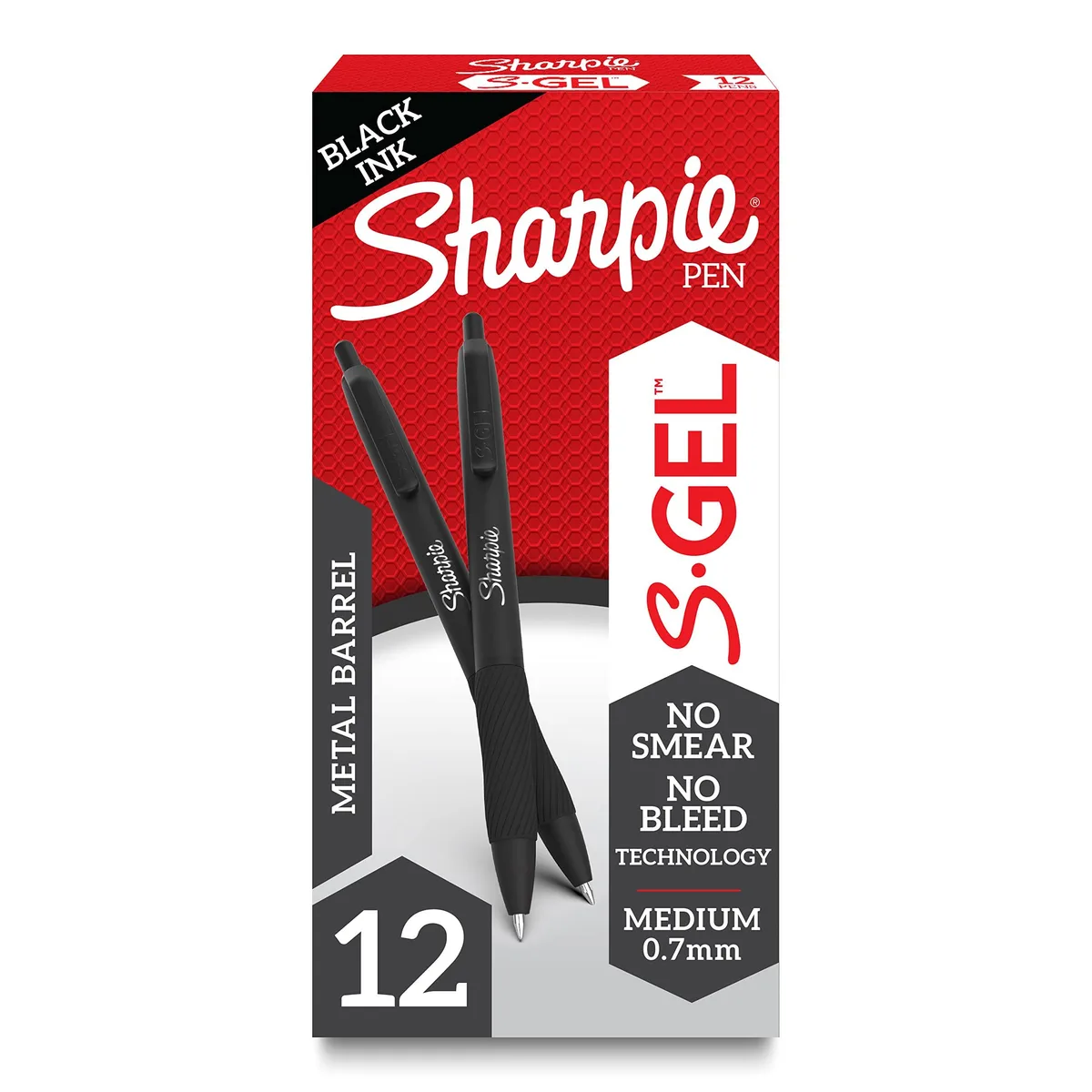 Twelve matte black metal barrel gel pens with rubber grips