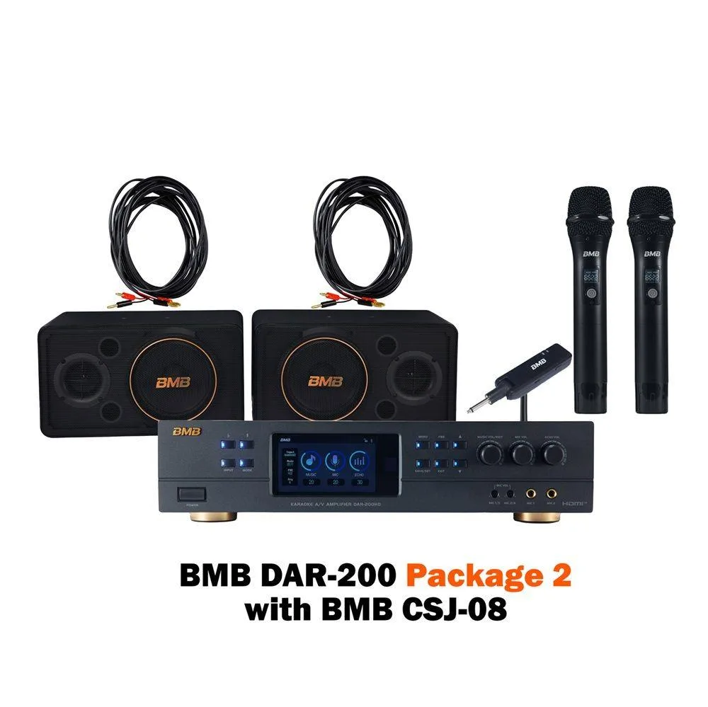 BMB BMB DAR-200HD 400W amplifier with CSJ-08 speakers and WH-210 wireless mic system — product photo